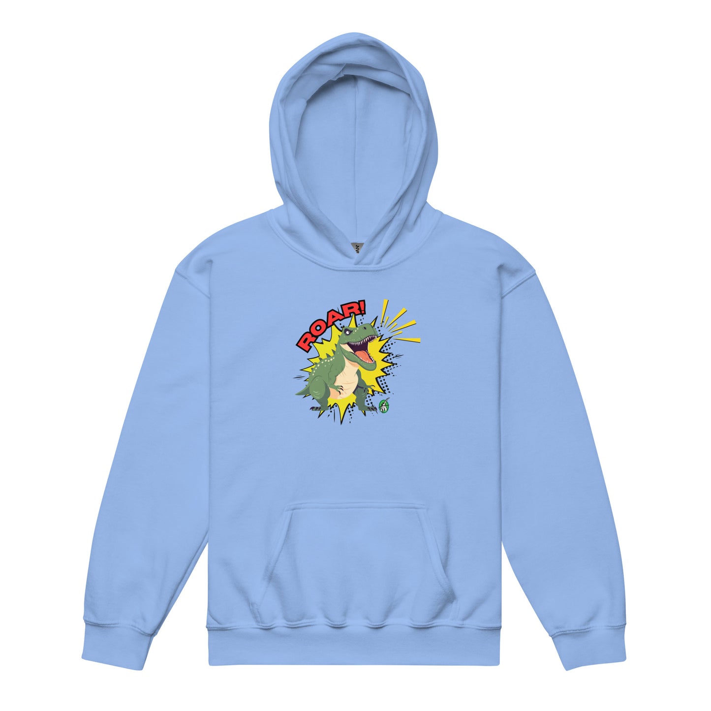 A Wizard Prints kids hoodie in blue with a printed graphic on the front of a cartoon dinosaur in green with the word, Roar!
