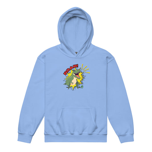 A Wizard Prints kids hoodie in blue with a printed graphic on the front of a cartoon dinosaur in green with the word, Roar!
