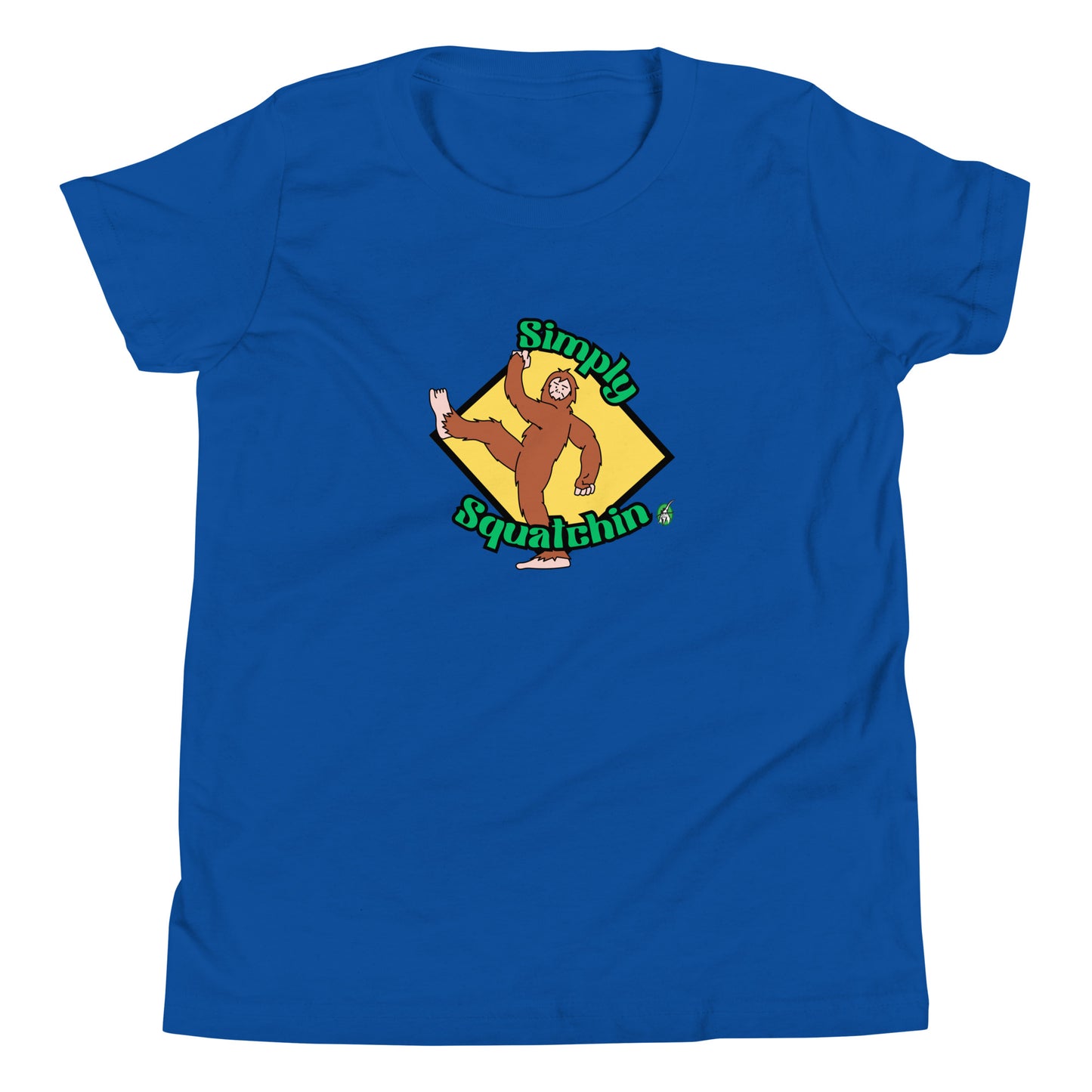 Kids' blue graphic t-shirt with a brown sasquatch and the statement, Simply Squatchin on a yellow background, by Wizard Prints