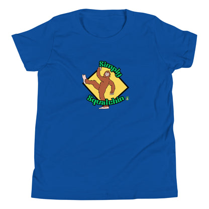 Kids' blue graphic t-shirt with a brown sasquatch and the statement, Simply Squatchin on a yellow background, by Wizard Prints