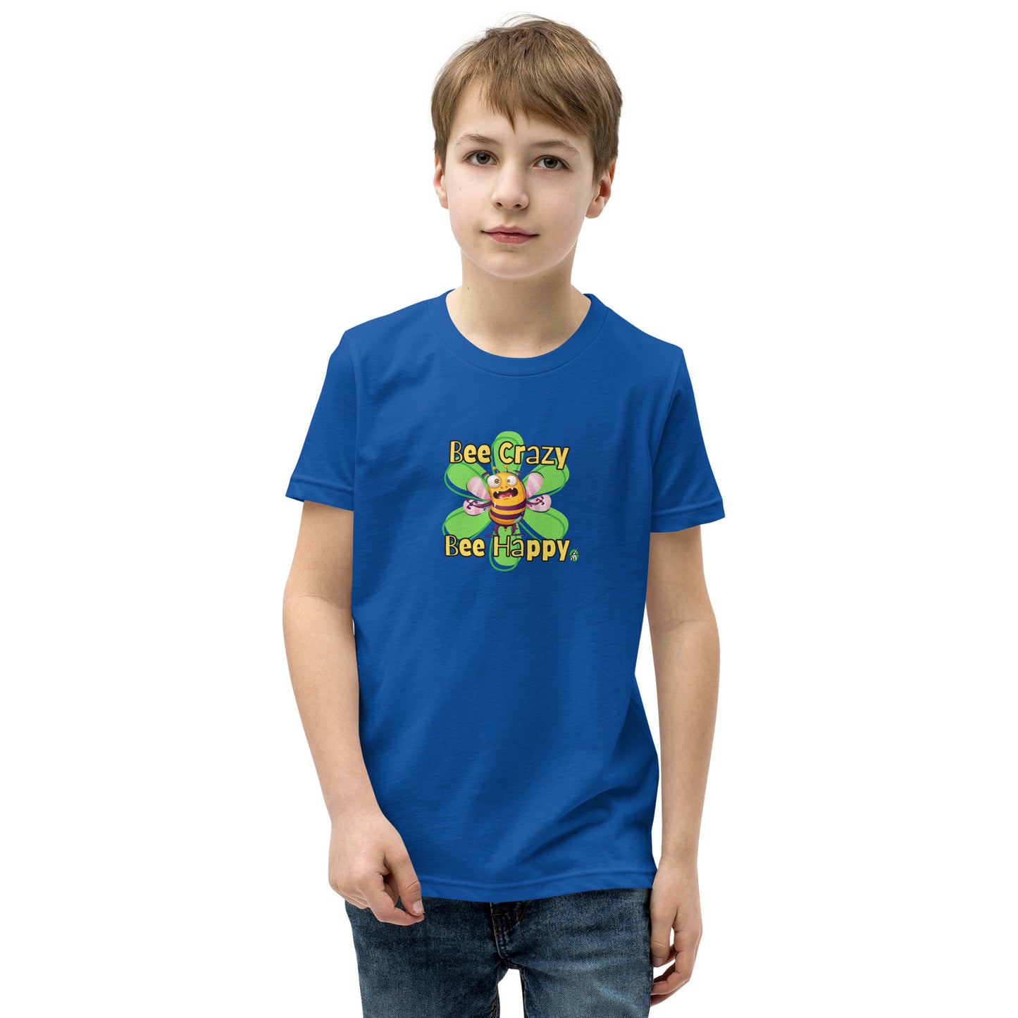  A boy standing wearing a blue kids t-shirt with the printed graphic of a crazy bee and the statement, Bee Crazy Bee Happy. Designed by Wizard Prints