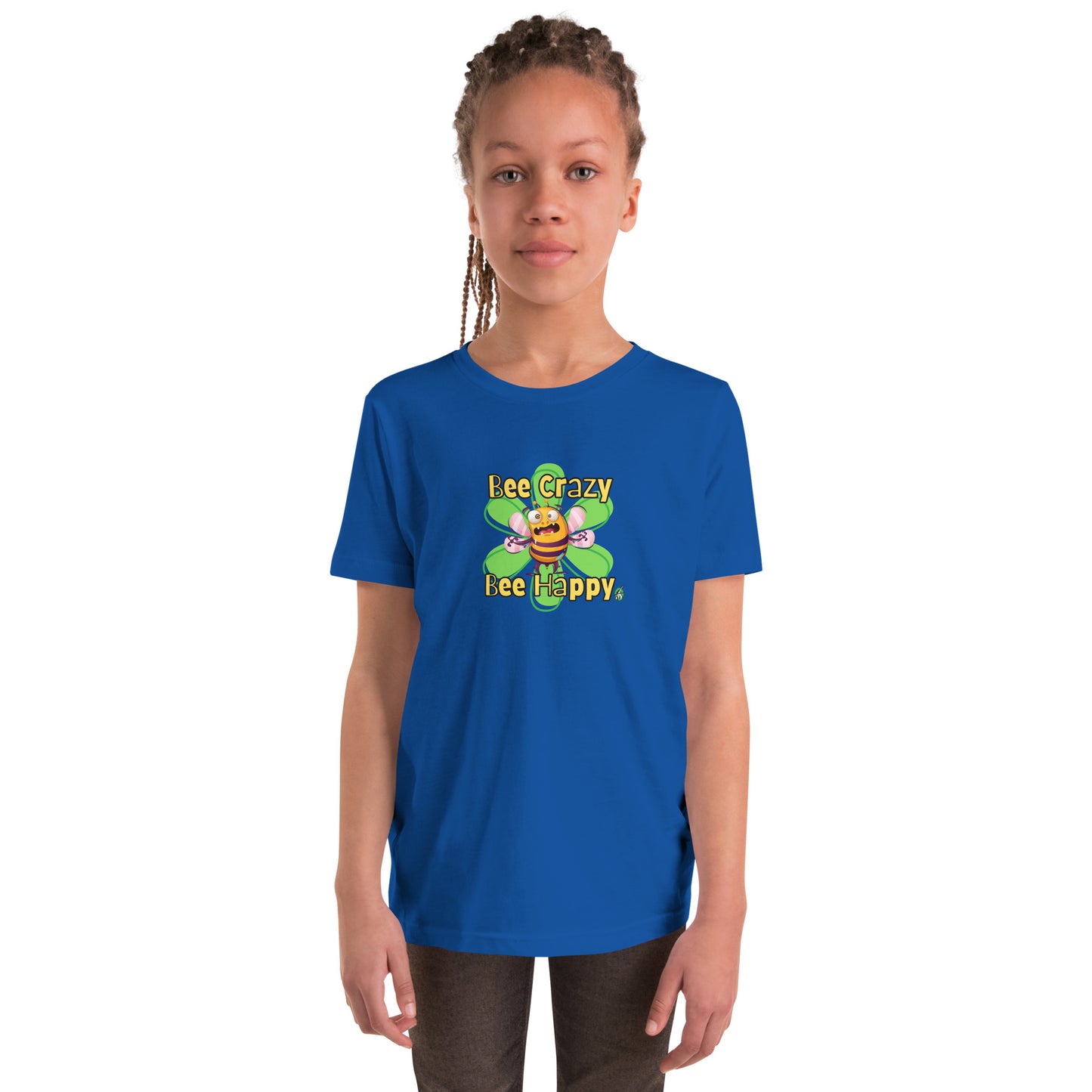  A girl standing wearing a blue kids t-shirt with the printed graphic of a crazy bee and the statement, Bee Crazy Bee Happy. Designed by Wizard Prints