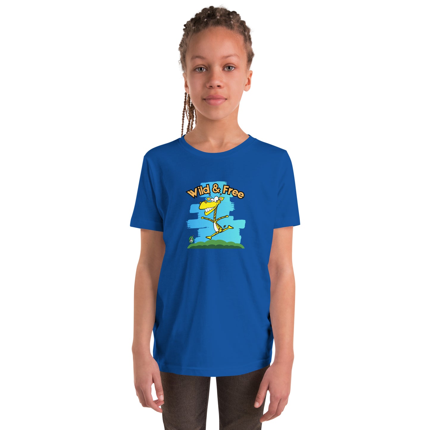 A girl standing wearing a blue t-shirt with a funny graphic on the front of a giraffe running with the words, 'wild and free'  by Wizard Prints
