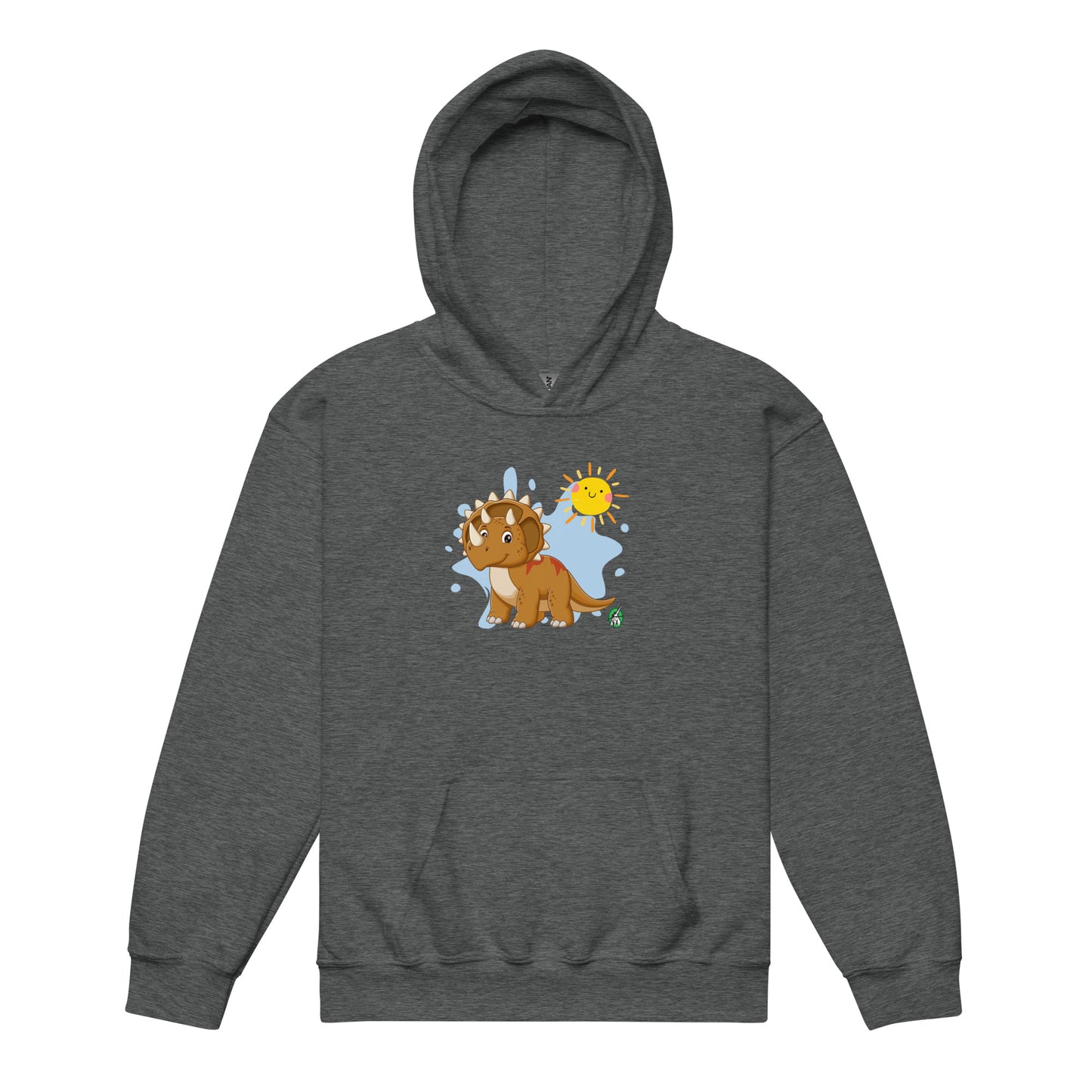 A Wizard Prints kids hoodie in dark grey with a printed graphic on the front of a cartoon dinosaur