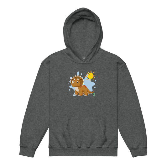 A Wizard Prints kids hoodie in dark grey with a printed graphic on the front of a cartoon dinosaur