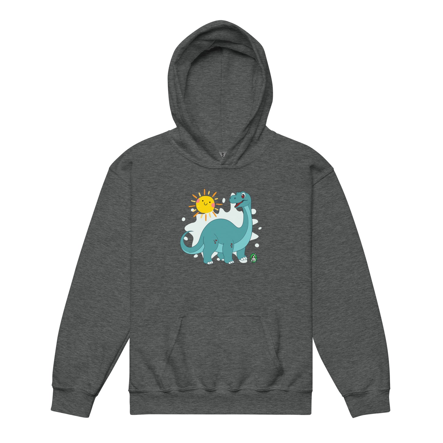 A Wizard Prints kids hoodie in dark grey with a printed graphic on the front of a cartoon dinosaur