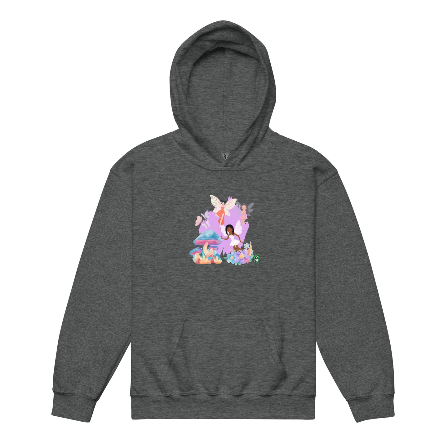 A Wizard Prints kids hoodie in dark grey with a printed graphic on the front of a group of cartoon fairies 