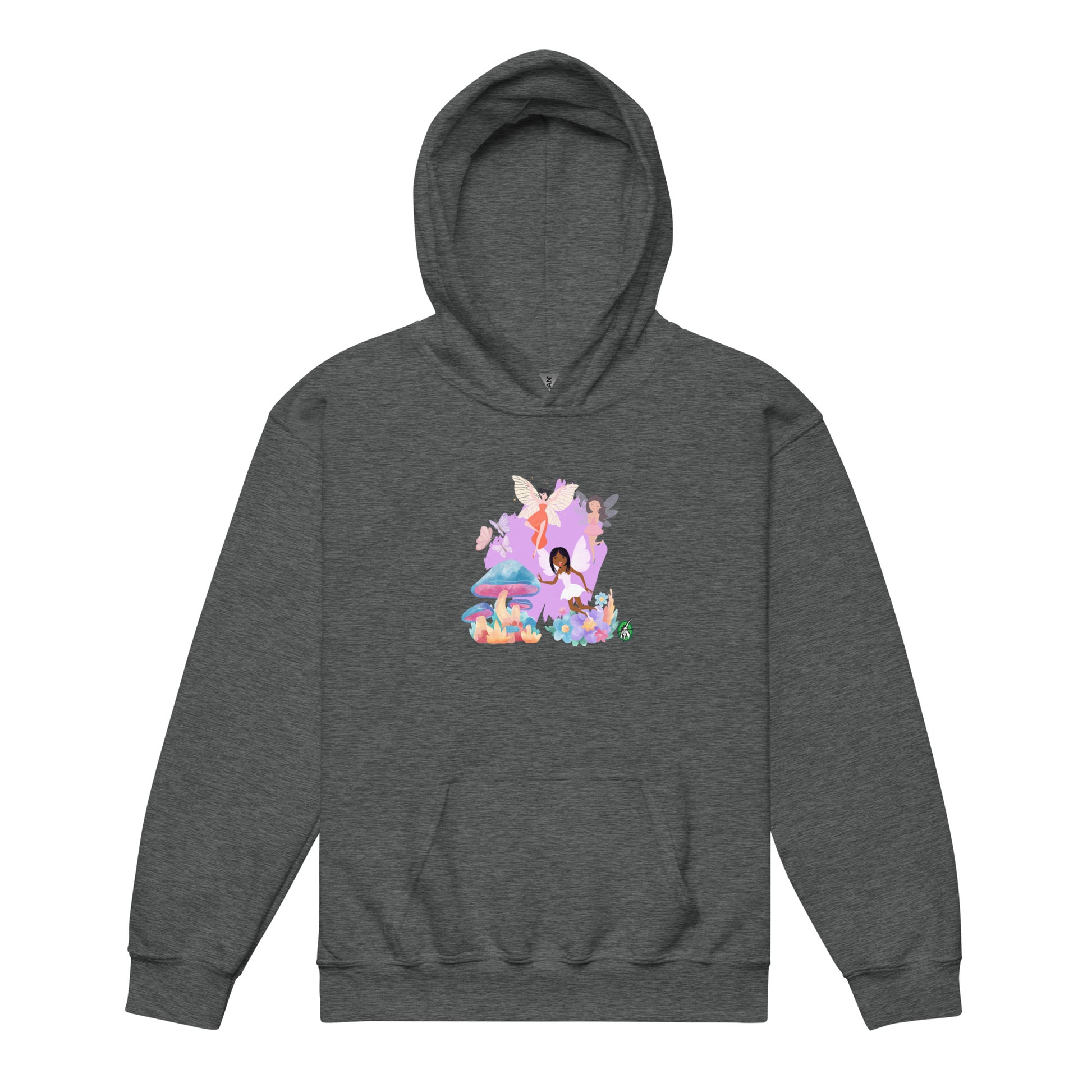 A Wizard Prints kids hoodie in dark grey with a printed graphic on the front of a group of cartoon fairies 