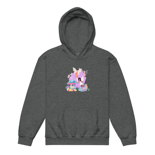 A Wizard Prints kids hoodie in dark grey with a printed graphic on the front of a group of cartoon fairies 