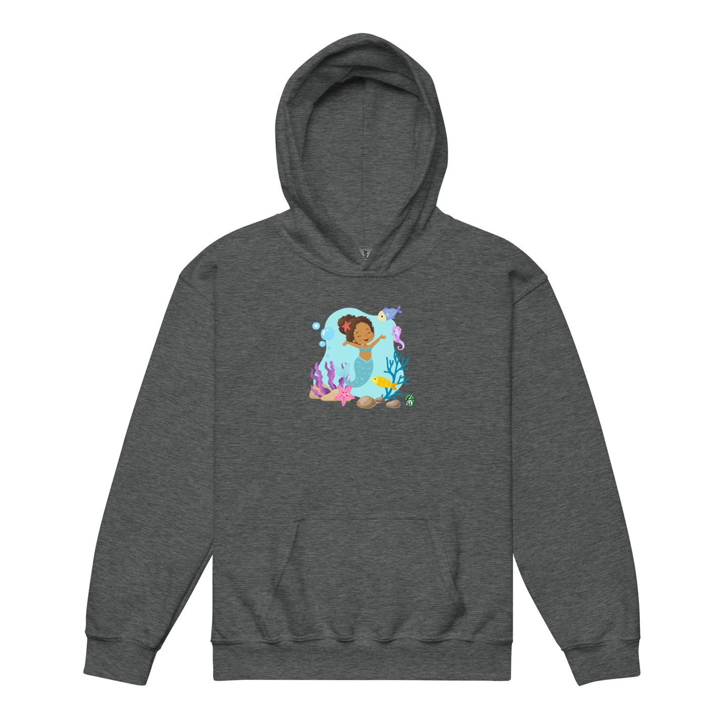 A Wizard Prints kids hoodie in dark grey with a printed graphic on the front of a cartoon mermaid in the ocean