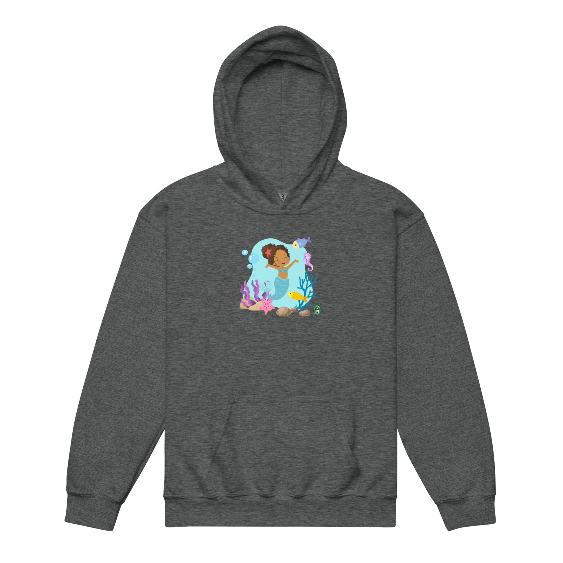 A Wizard Prints kids hoodie in dark grey with a printed graphic on the front of a cartoon mermaid in the ocean