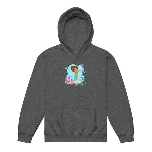 A Wizard Prints kids hoodie in dark grey with a printed graphic on the front of a cartoon mermaid in the ocean