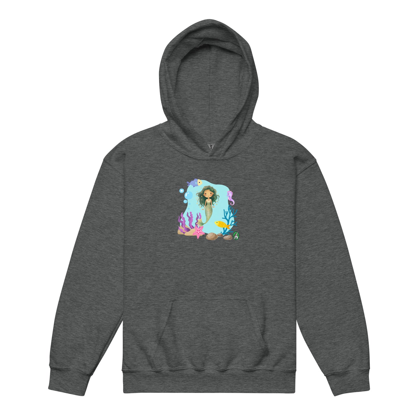 A Wizard Prints kids hoodie in dark grey with a printed graphic on the front of a cartoon mermaid in the ocean
