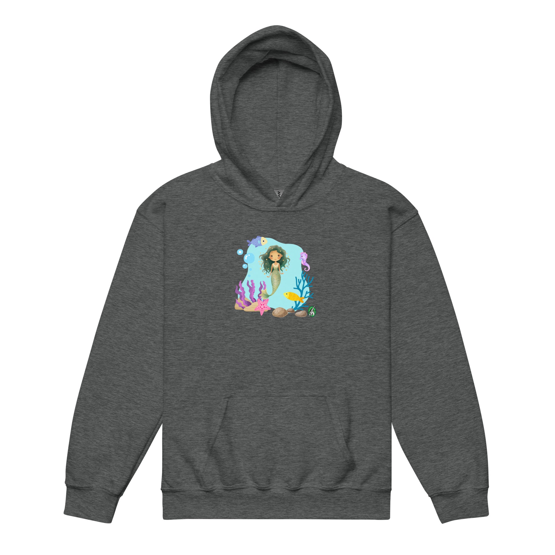 A Wizard Prints kids hoodie in dark grey with a printed graphic on the front of a cartoon mermaid in the ocean
