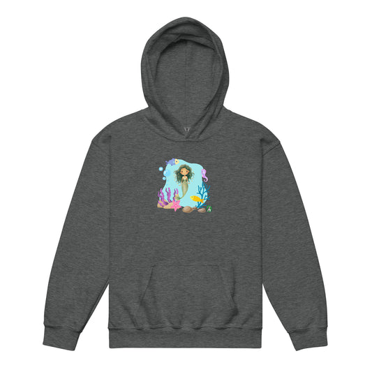 A Wizard Prints kids hoodie in dark grey with a printed graphic on the front of a cartoon mermaid in the ocean
