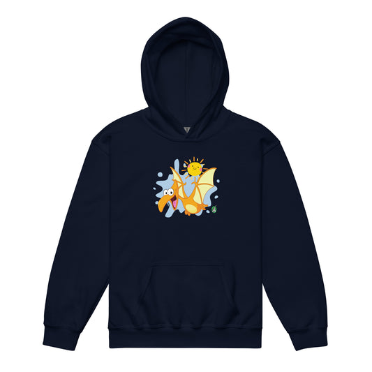A Wizard Prints kids hoodie in dark navy with a printed graphic on the front of a cartoon dinosaur