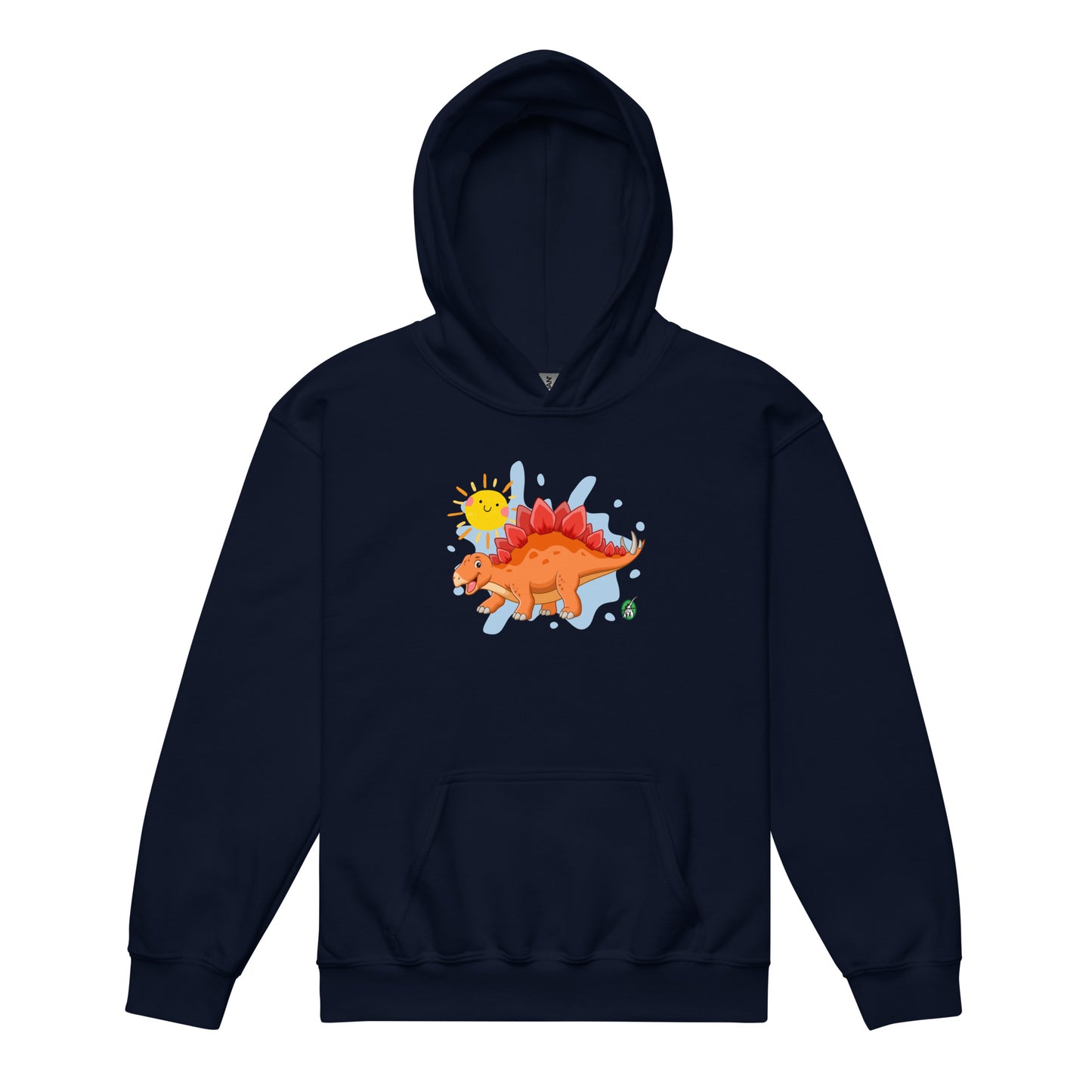 A Wizard Prints kids hoodie in dark navy with a printed graphic on the front of a cartoon dinosaur