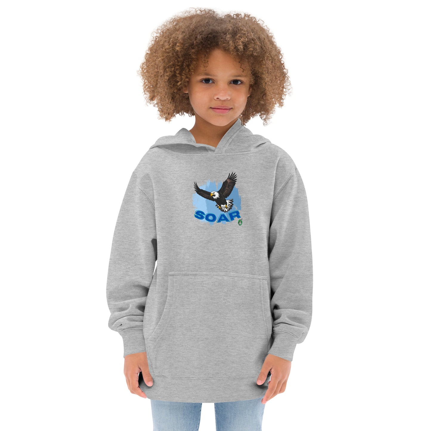 A girl wearing a Wizard Prints kids hoodie in grey with a printed graphic on the front of an eagle soaring in the sky.