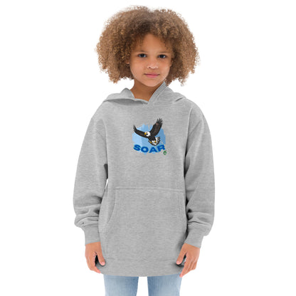 A girl wearing a Wizard Prints kids hoodie in grey with a printed graphic on the front of an eagle soaring in the sky.