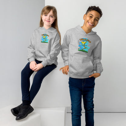 A boy and girl wearing a Wizard Prints kids hoodie in grey with a printed graphic on the front of a giraff with the words, Wild and Free.