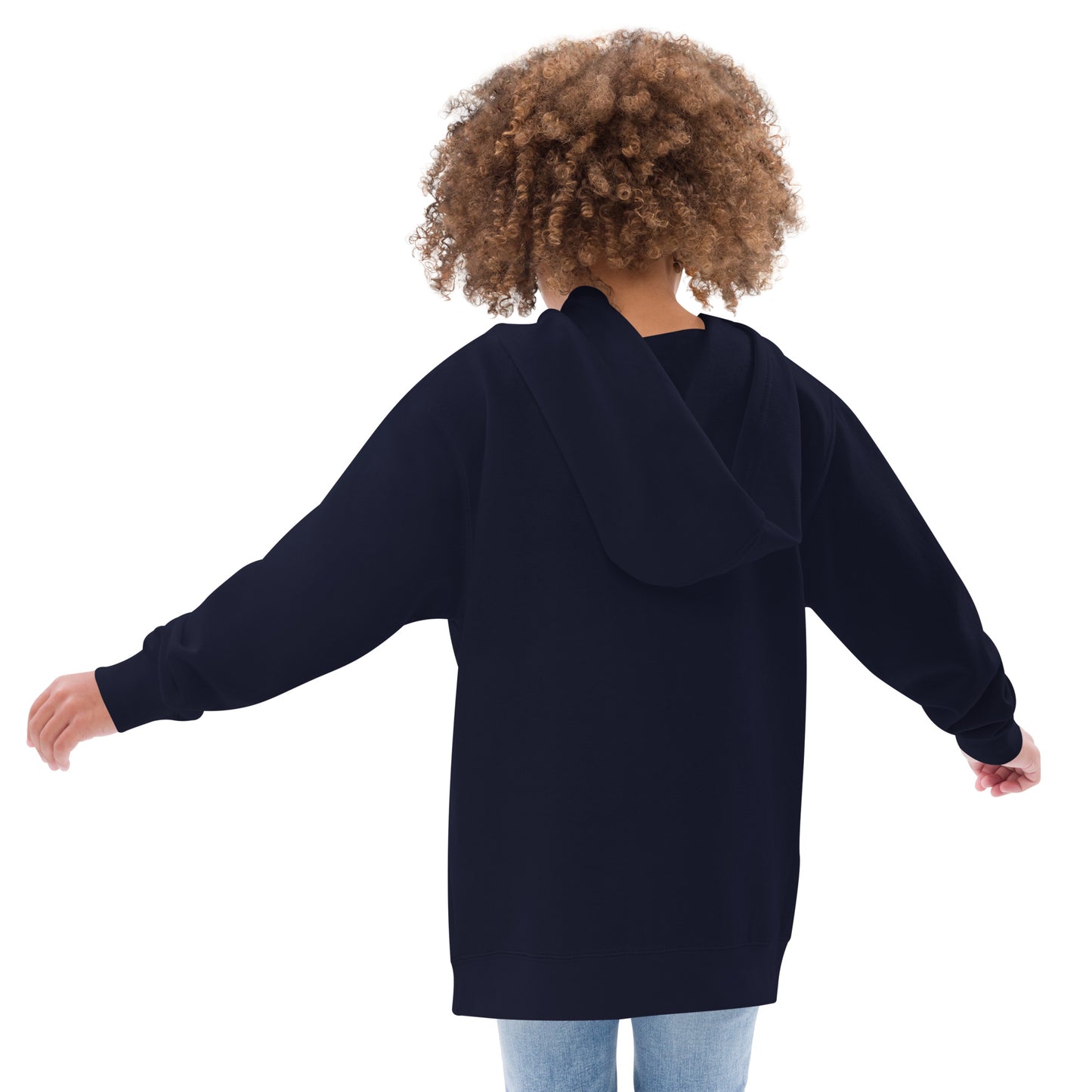 A girl standing with her back turned, wearing a navy blue hoodie. Designed by Wizard Prints.