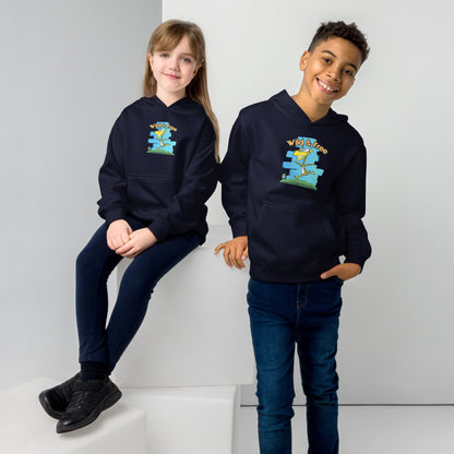 A boy and girl wearing a Wizard Prints kids hoodie in navy with a printed graphic on the front of a giraff with the words, Wild and Free.