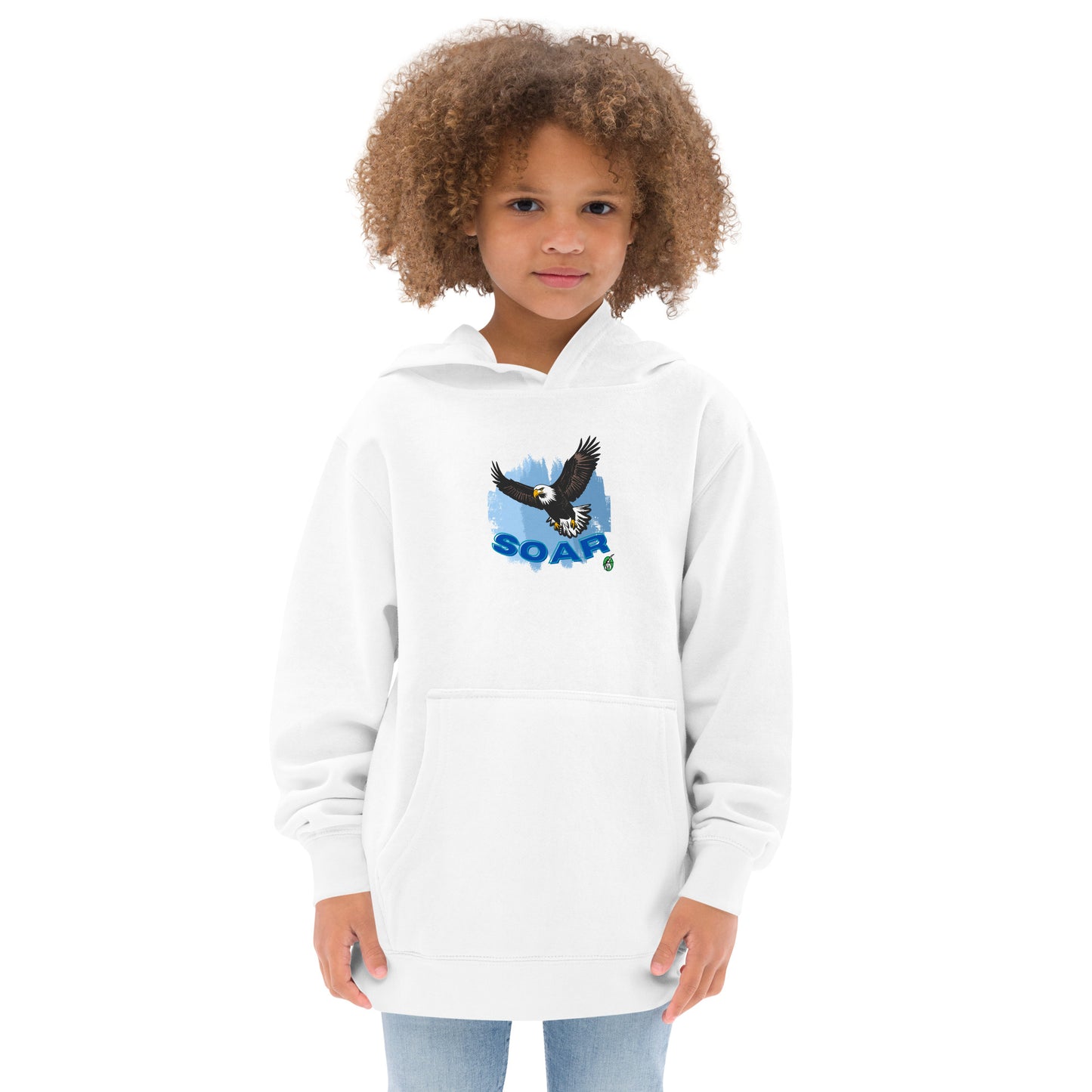 A girl wearing a Wizard Prints kids hoodie in white with a printed graphic on the front of an eagle soaring in the sky
