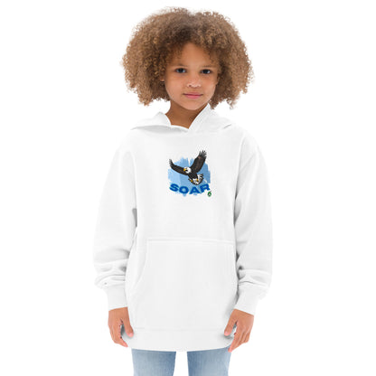 A girl wearing a Wizard Prints kids hoodie in white with a printed graphic on the front of an eagle soaring in the sky