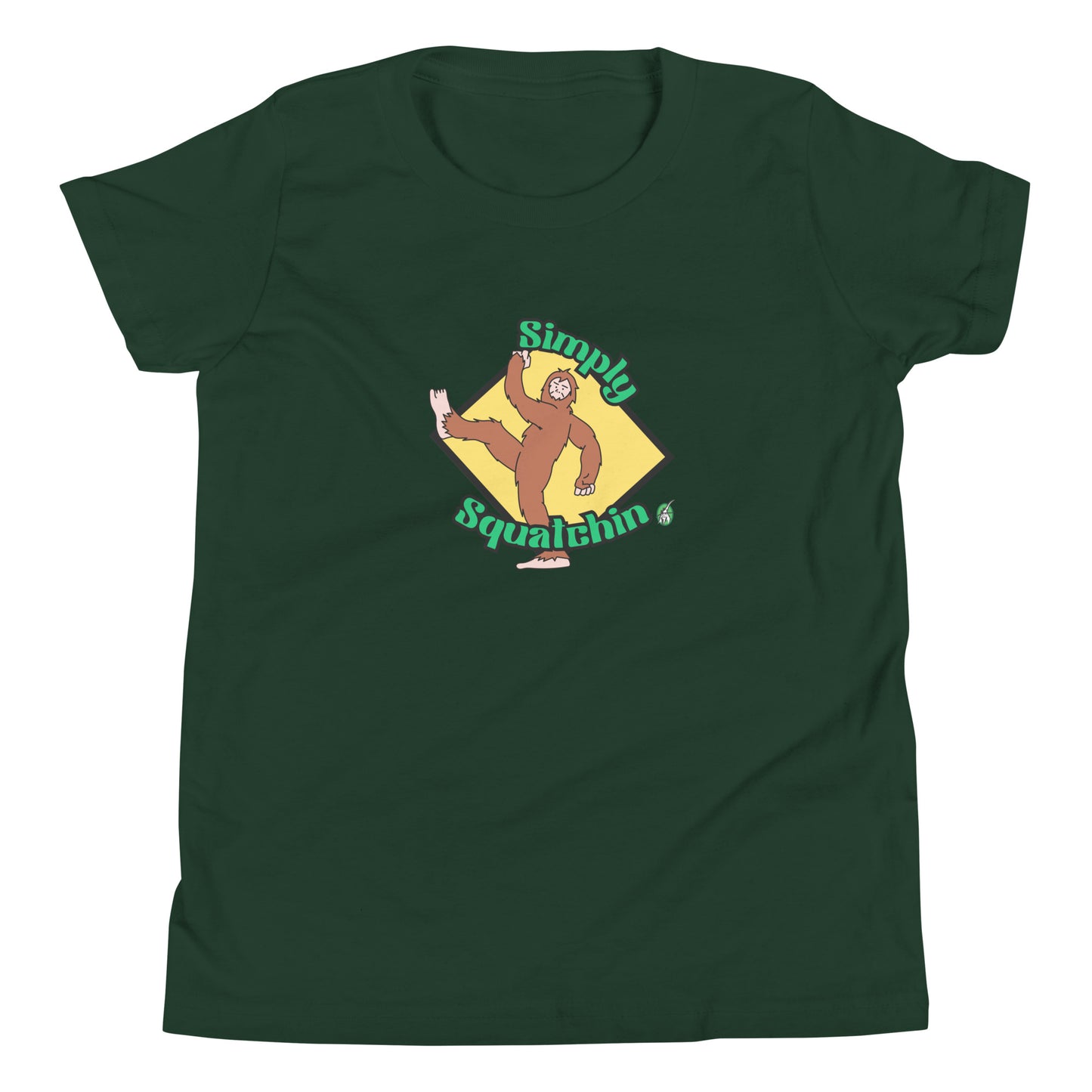 Kids' forest green graphic t-shirt with a brown sasquatch and the statement, Simply Squatchin on a yellow background, by Wizard Prints