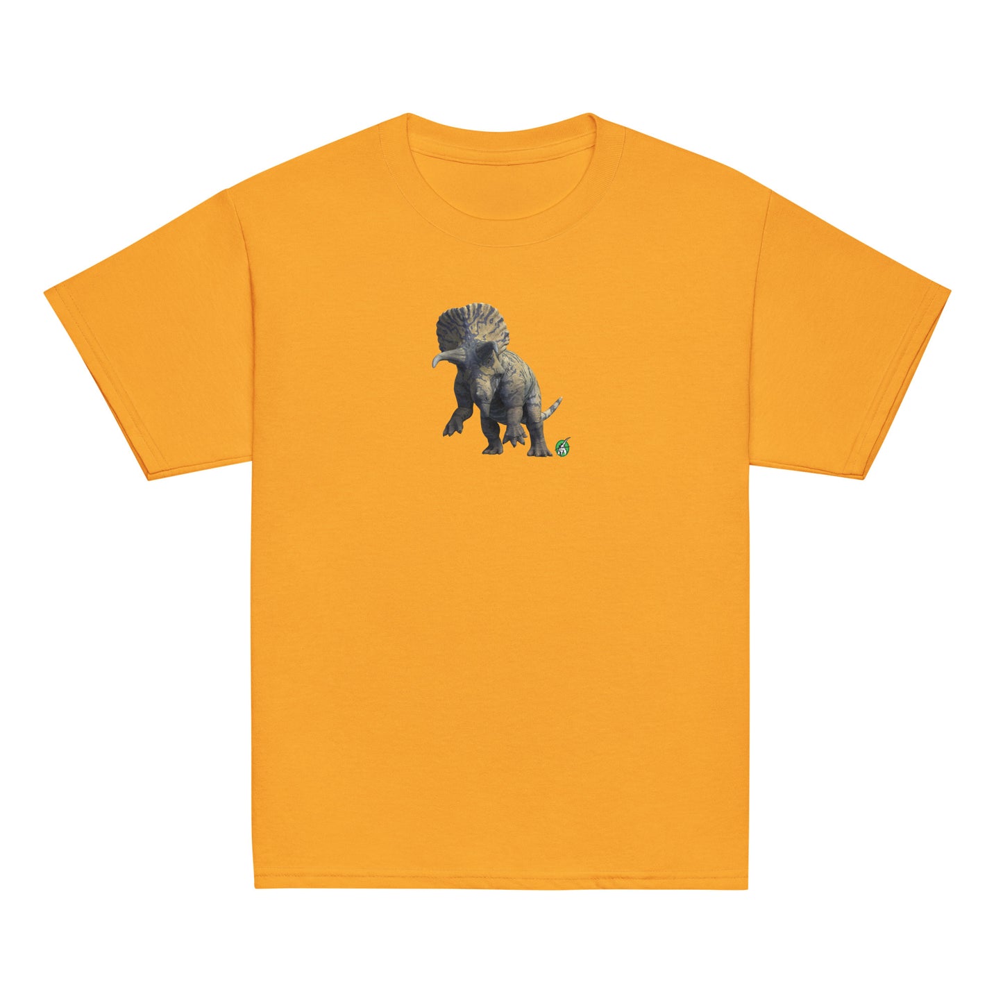 A Wizard Prints kids t-shirt in gold colour with a printed graphic on the front of a dinosaur 