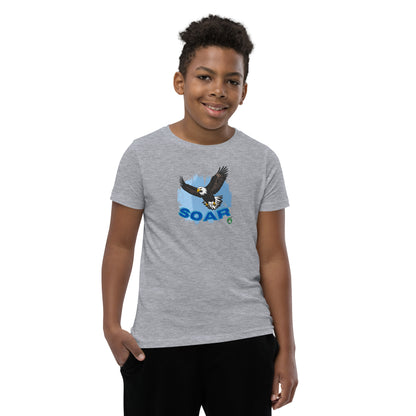 A boy wearing a Wizard Prints kids t-shirt in grey with a printed graphic on the front of an eagle soaring in the sky.