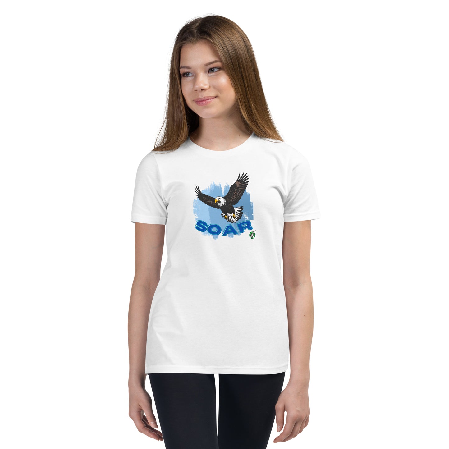 A girl wearing a Wizard Prints kids t-shirt in white with a printed graphic on the front of an eagle soaring in the sky.