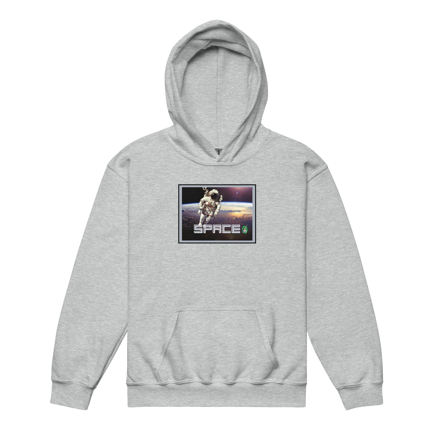 		A Wizard Prints kids hoodie in grey with a printed graphic on the front of an astronaut flying in space with a planet in the background

