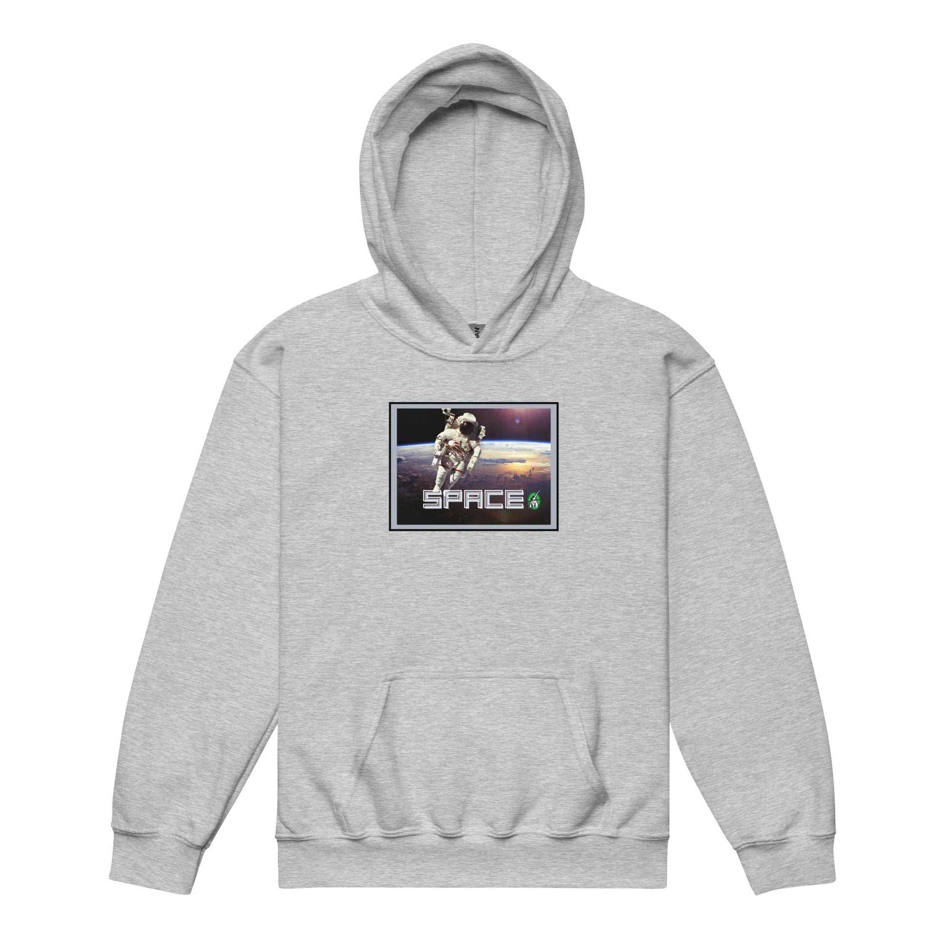 		A Wizard Prints kids hoodie in grey with a printed graphic on the front of an astronaut flying in space with a planet in the background
