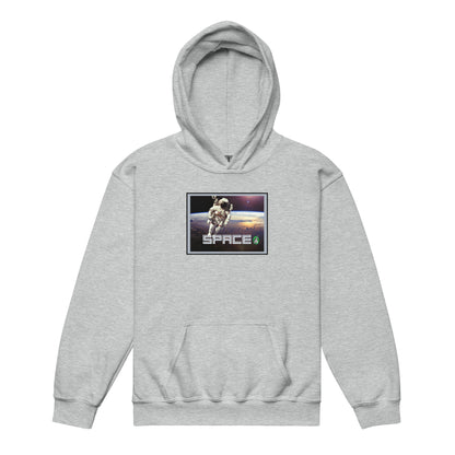 		A Wizard Prints kids hoodie in grey with a printed graphic on the front of an astronaut flying in space with a planet in the background

