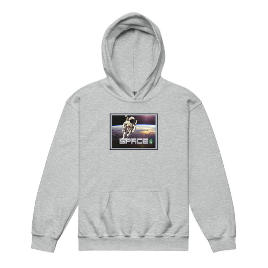 		A Wizard Prints kids hoodie in grey with a printed graphic on the front of an astronaut flying in space with a planet in the background
