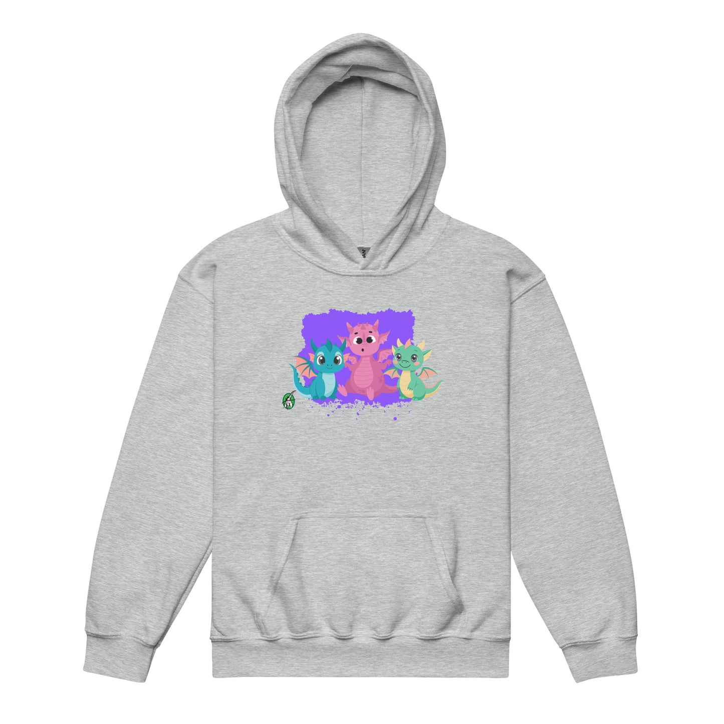 A Wizard Prints kids hoodie in grey with a printed graphic on the front of three baby cartoon dragons