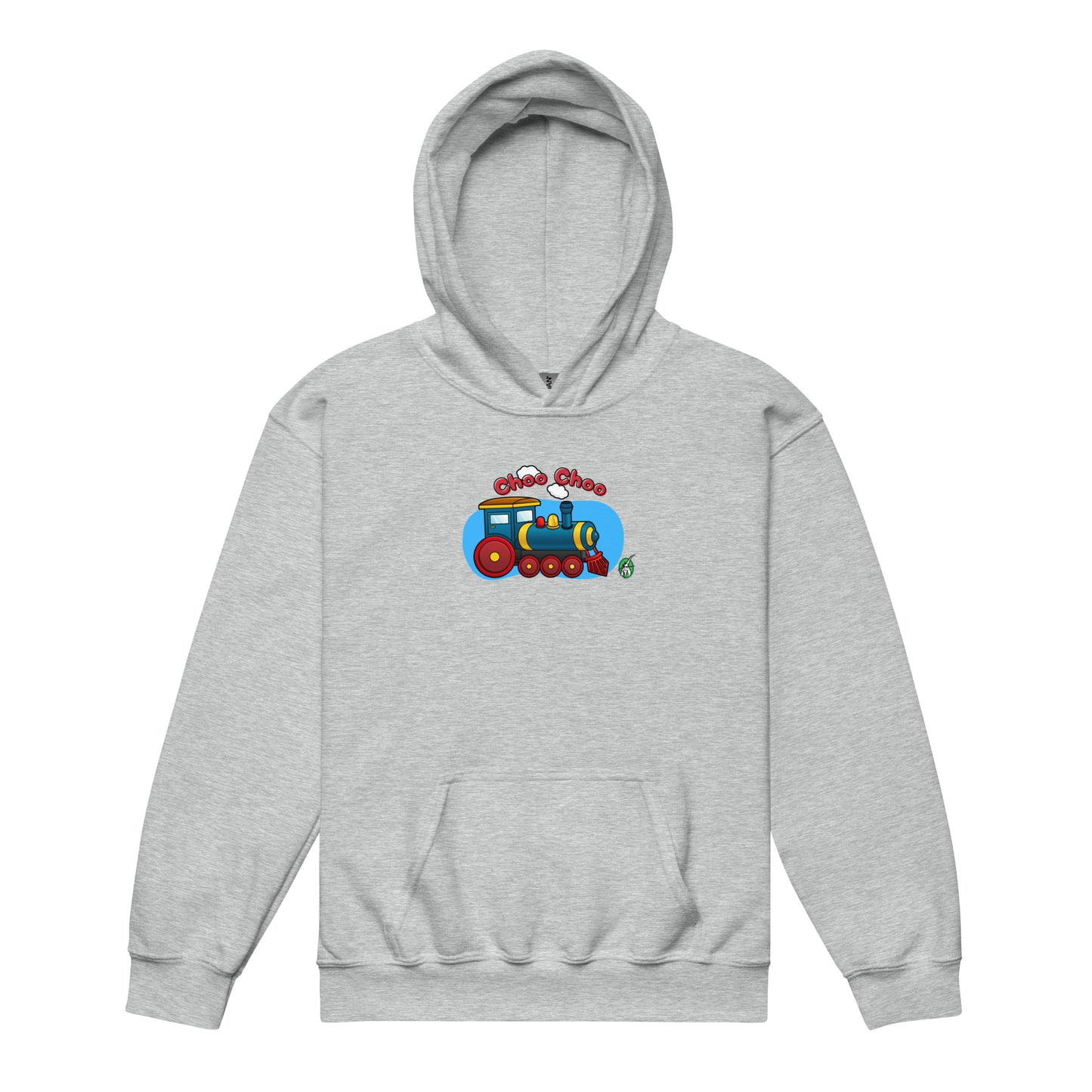 A Wizard Prints kids hoodie in grey with a printed graphic on the front of cartoon train with the words, Choo Choo 