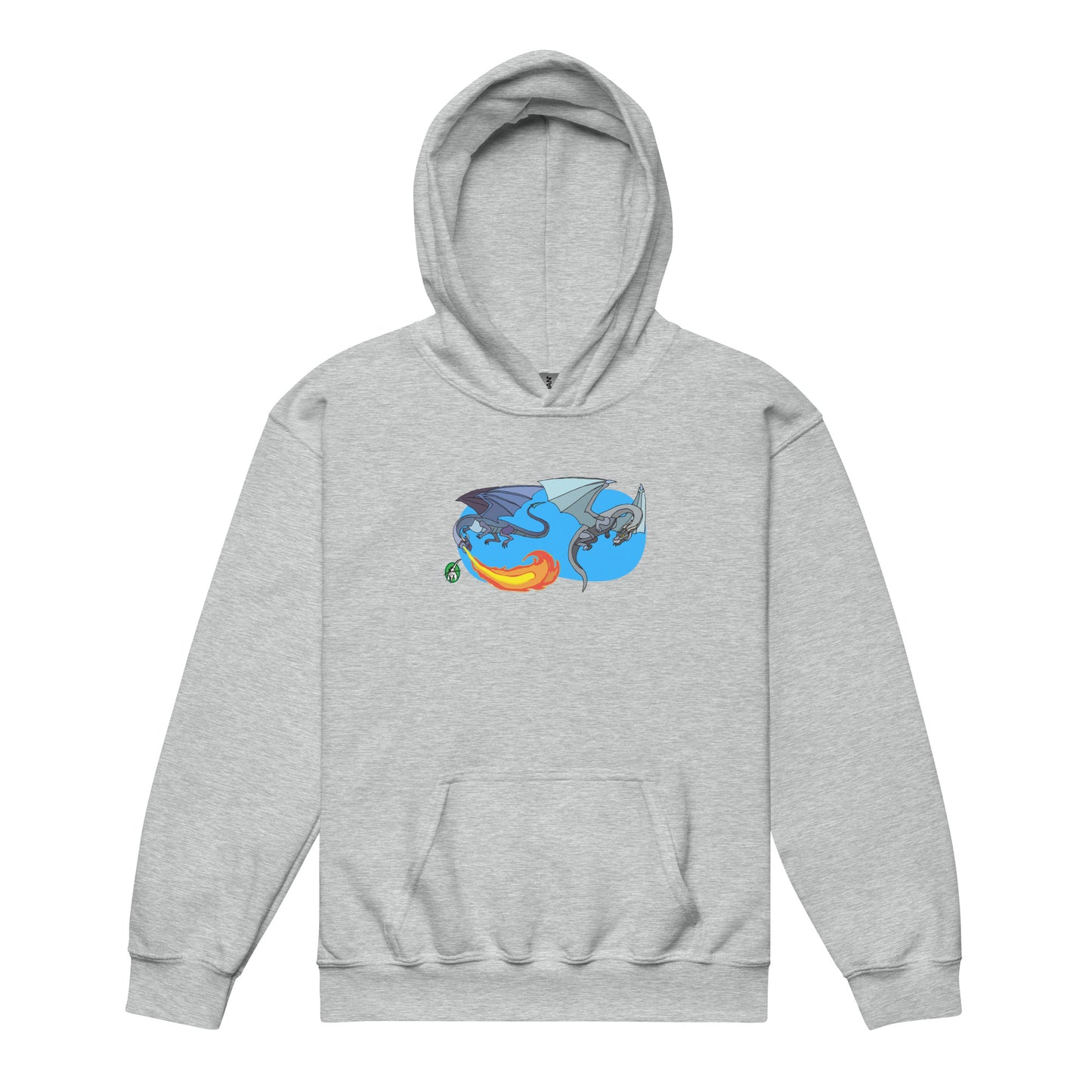A Wizard Prints kids hoodie in grey with a printed graphic on the front of two flying cartoon dragons