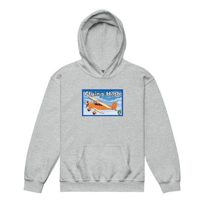 A Wizard Prints kids hoodie in grey with a printed graphic on the front of plane with the words flying high
