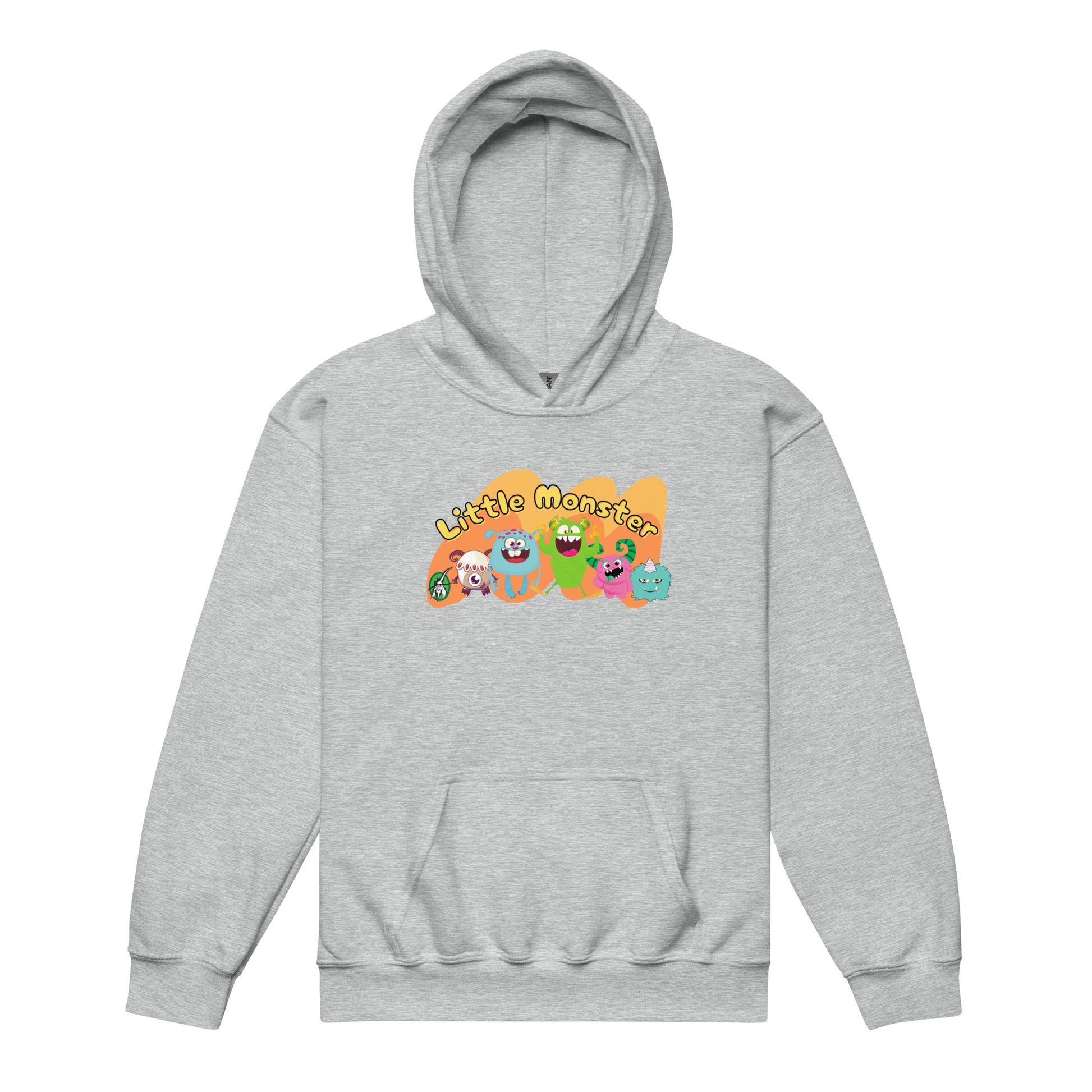 A Wizard Prints kids hoodie in grey with a printed graphic on the front of cartoon characters of monsters with the words, Little Monsters 