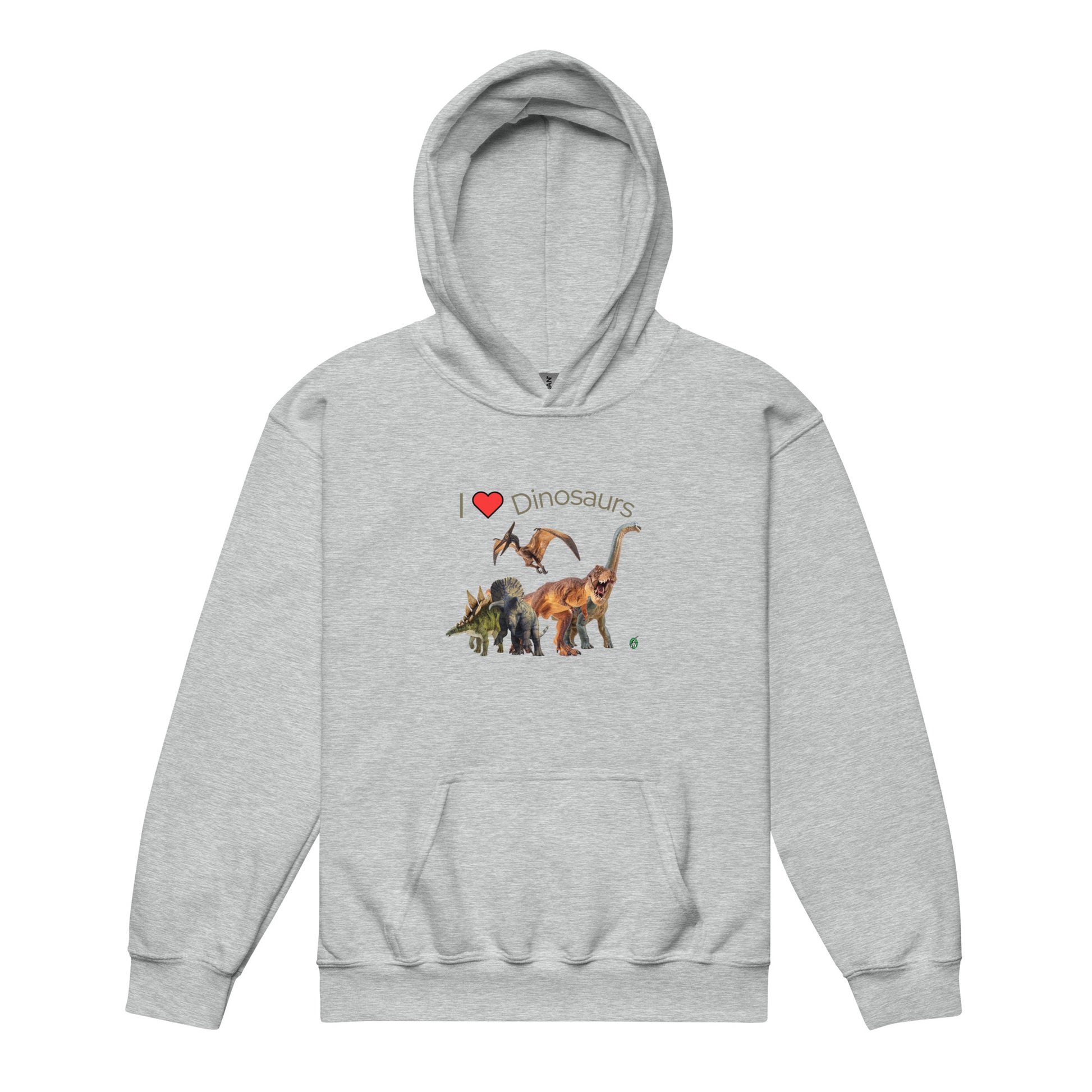 A Wizard Prints kids hoodie in grey with a printed graphic on the front of a group of life like dinosaurs with the words, I love dinosaurs