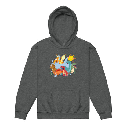 A Wizard Prints kids hoodie in grey with a printed graphic on the front of a group of cartoon dinosaurs
