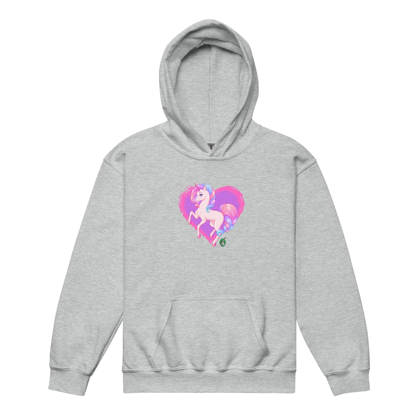 A Wizard Prints kids hoodie in grey with a printed graphic on the front of pink unicorn on a love heart background
