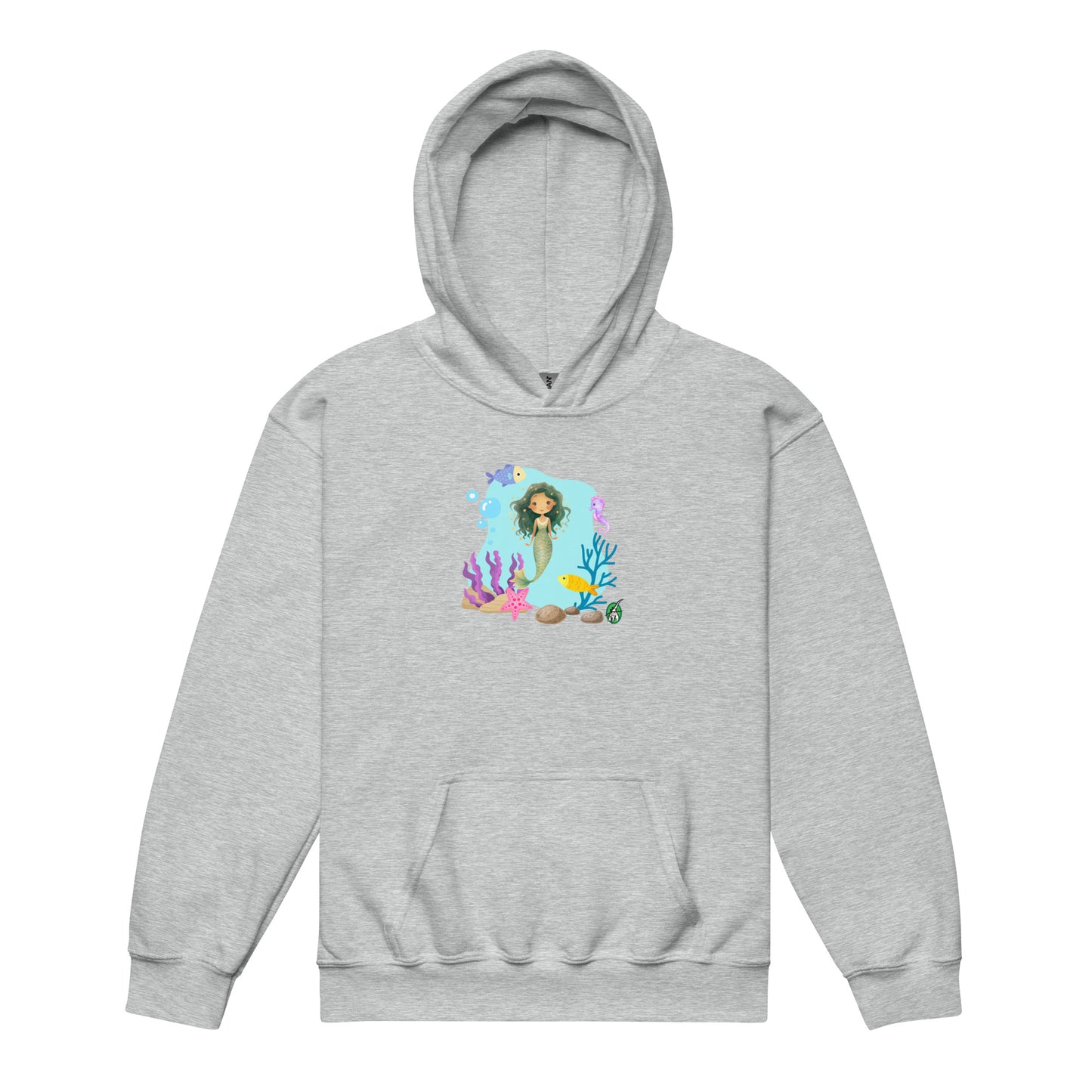 A Wizard Prints kids hoodie in grey with a printed graphic on the front of a cartoon mermaid in the ocean