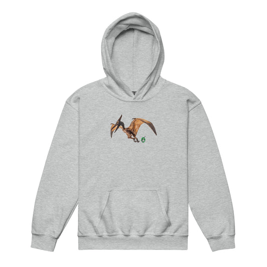 A Wizard Prints kids hoodie in grey with a printed graphic on the front of life like dinosaur