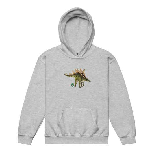 A Wizard Prints kids hoodie in grey with a printed graphic on the front of life like dinosaur