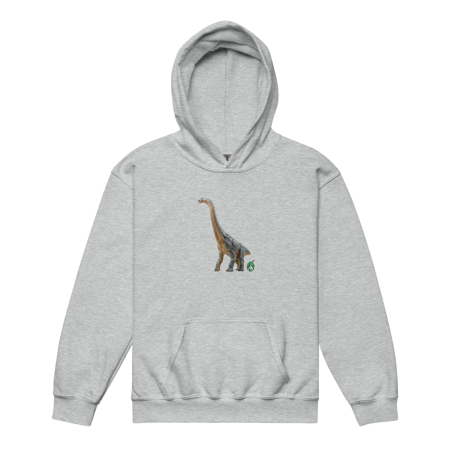 A Wizard Prints kids hoodie in grey with a printed graphic on the front of life like dinosaur