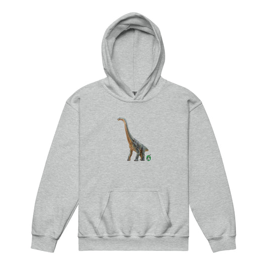 A Wizard Prints kids hoodie in grey with a printed graphic on the front of life like dinosaur