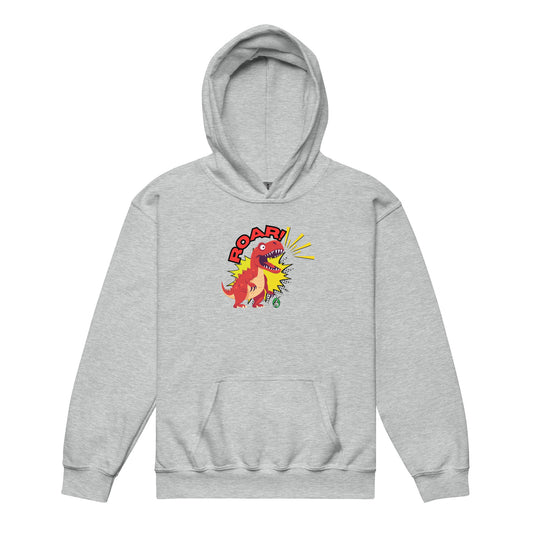 A Wizard Prints kids hoodie in grey with a printed graphic on the front of a cartoon dinosaur in red with the word, Roar!